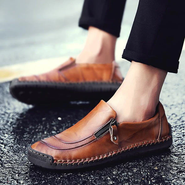 Men Hand Stitching Zipper Slip-ons Leather Shoes - Image 13