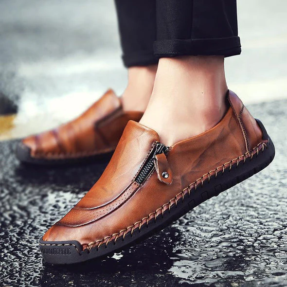 Men Hand Stitching Zipper Slip-ons Leather Shoes - Image 14