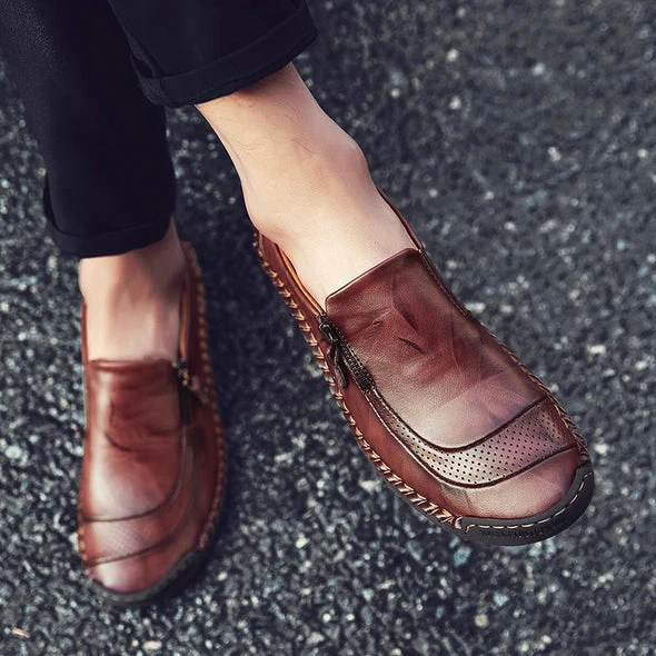 Men Hand Stitching Zipper Slip-ons Leather Shoes - Image 15