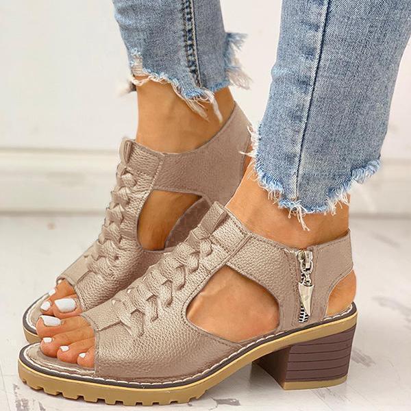 Women's Peep Toe Cutout Zipper Chunky Heeled Sandals - Image 3